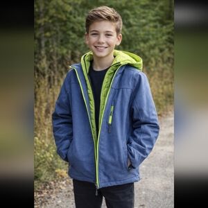 Hawke & Co Winter Sport Jacket, Dbl Zipper, Boy/Teen, Blue w/ green Trim& Hoodie
